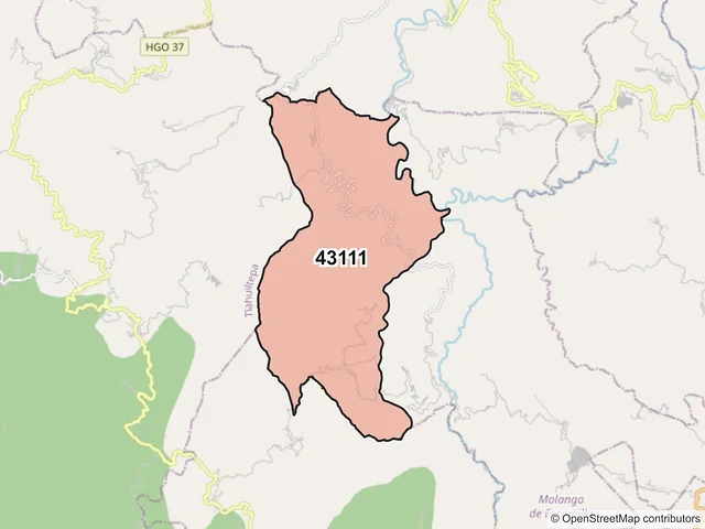 Mapa del código postal 43111, Molango de Escamilla, Hidalgo