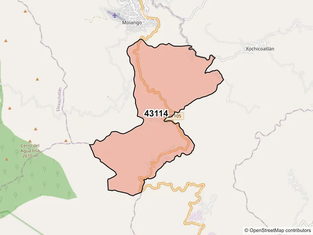 Mapa del código postal 43114, Molango de Escamilla, Hidalgo