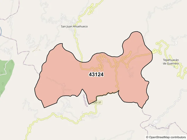 Mapa del código postal 43124, Tepehuacán de Guerrero, Hidalgo