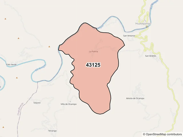 Mapa del código postal 43125, Tepehuacán de Guerrero, Hidalgo