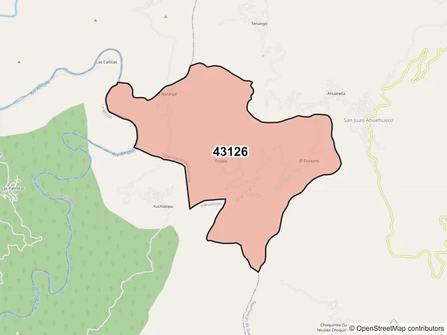 Mapa del código postal 43126, Tepehuacán de Guerrero, Hidalgo