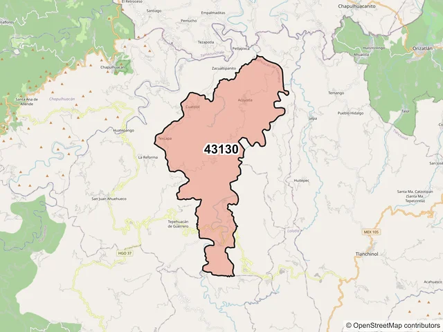 Mapa del código postal 43130, Tepehuacán de Guerrero, Hidalgo
