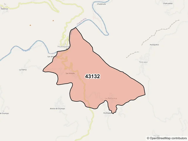 Mapa del código postal 43132, Tepehuacán de Guerrero, Hidalgo