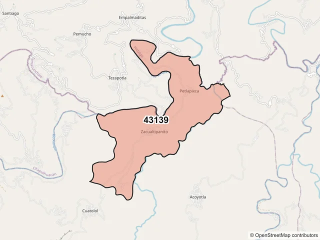 Mapa del código postal 43139, Tepehuacán de Guerrero, Hidalgo