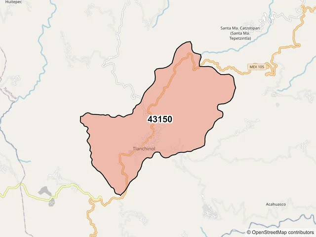 Mapa del código postal 43150, Tlanchinol, Hidalgo