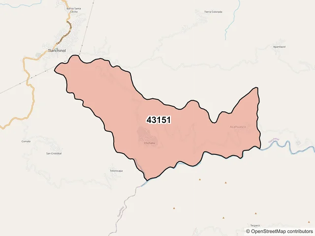 Mapa del código postal 43151, Tlanchinol, Hidalgo