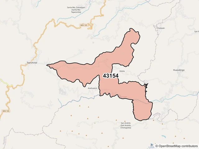 Mapa del código postal 43154, Tlanchinol, Hidalgo