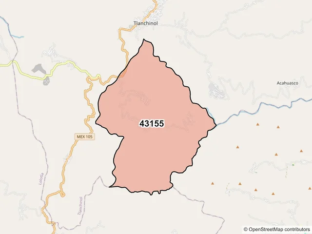 Mapa del código postal 43155, Tlanchinol, Hidalgo