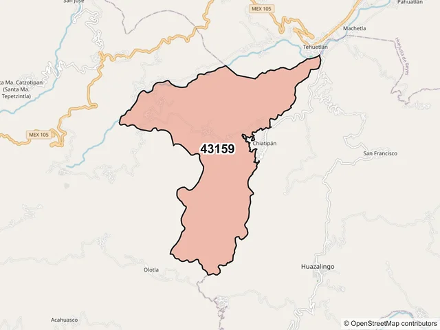 Mapa del código postal 43159, Tlanchinol, Hidalgo