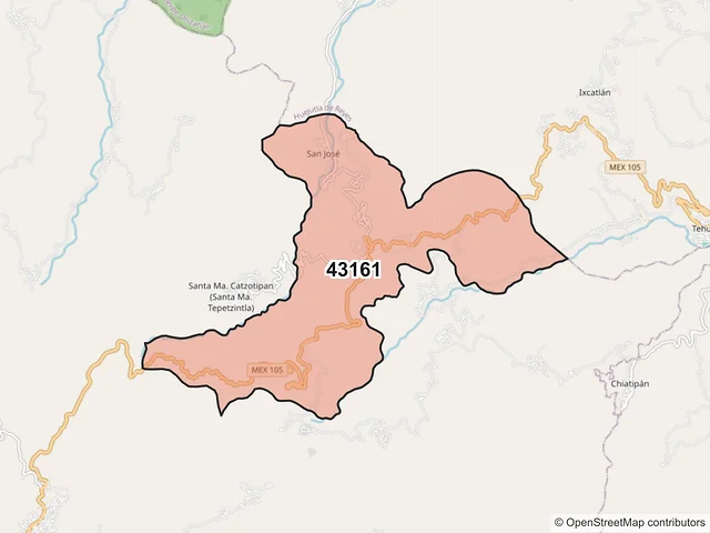 Mapa del código postal 43161, Tlanchinol, Hidalgo