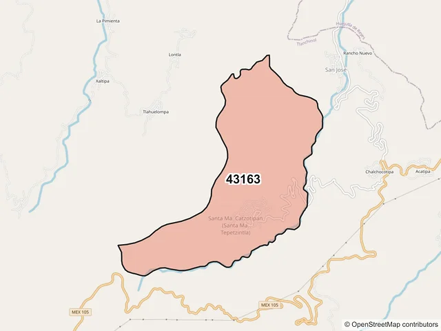 Mapa del código postal 43163, Tlanchinol, Hidalgo