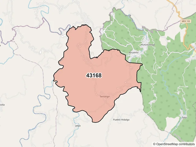 Mapa del código postal 43168, Tlanchinol, Hidalgo