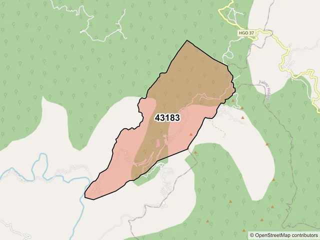 Mapa del código postal 43183, Tlahuiltepa, Hidalgo