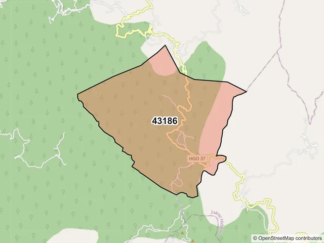 Mapa del código postal 43186, Tlahuiltepa, Hidalgo