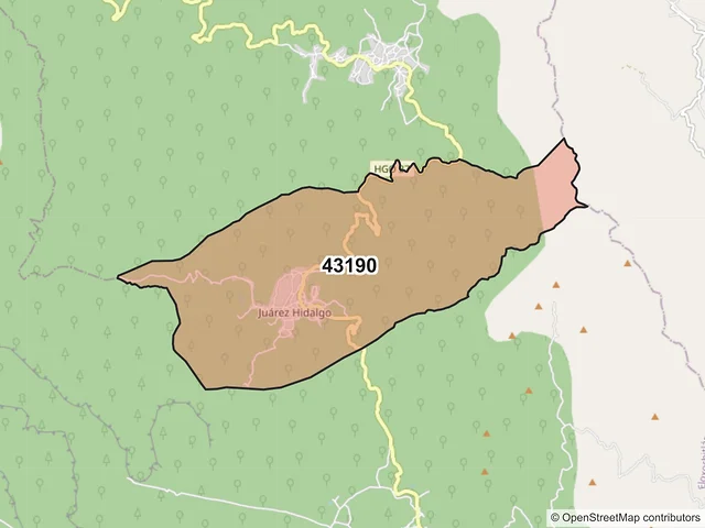 Mapa del código postal 43190, Juárez Hidalgo, Hidalgo