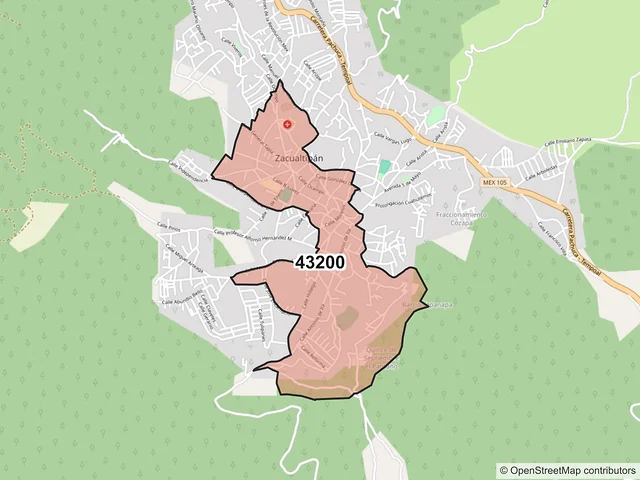 Mapa del código postal 43200, Zacualtipán de Ángeles, Hidalgo