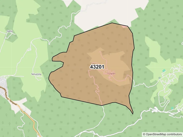 Mapa del código postal 43201, Zacualtipán de Ángeles, Hidalgo