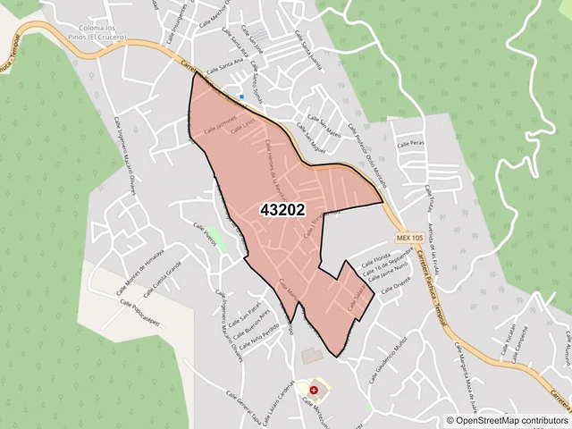 Mapa del código postal 43202, Zacualtipán de Ángeles, Hidalgo