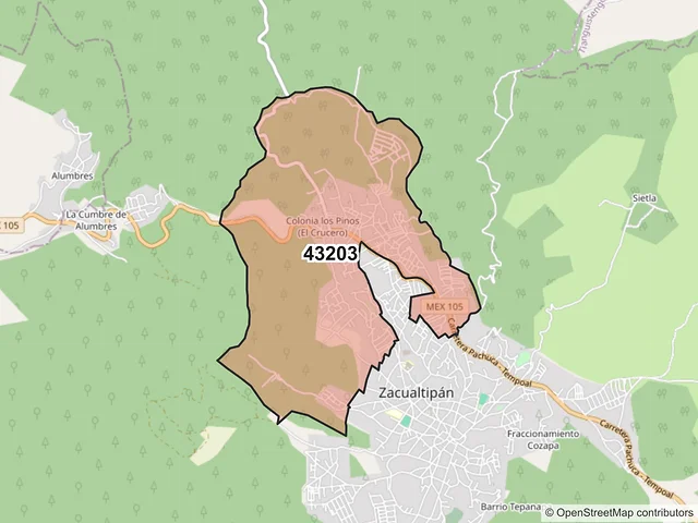 Mapa del código postal 43203, Zacualtipán de Ángeles, Hidalgo