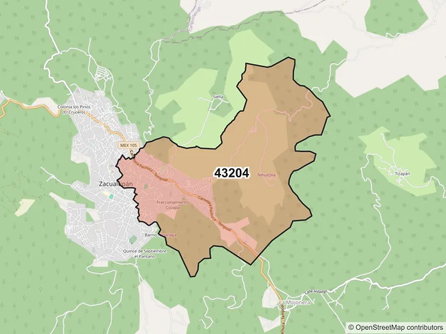 Mapa del código postal 43204, Zacualtipán de Ángeles, Hidalgo