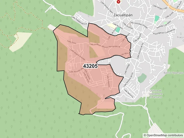 Mapa del código postal 43205, Zacualtipán de Ángeles, Hidalgo