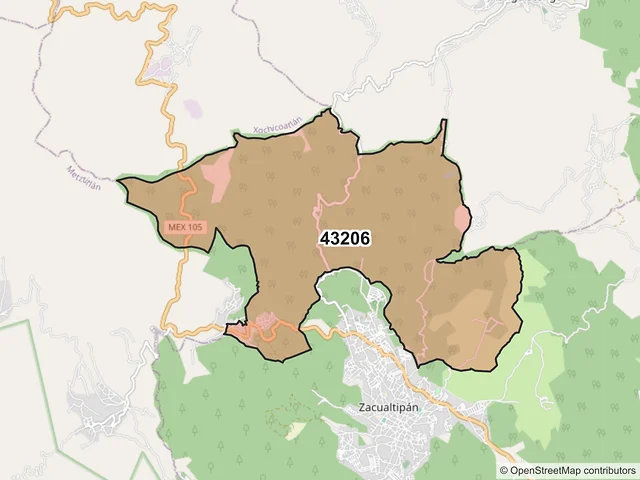 Mapa del código postal 43206, Zacualtipán de Ángeles, Hidalgo
