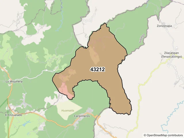 Mapa del código postal 43212, Zacualtipán de Ángeles, Hidalgo