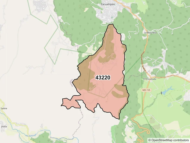 Mapa del código postal 43220, Zacualtipán de Ángeles, Hidalgo