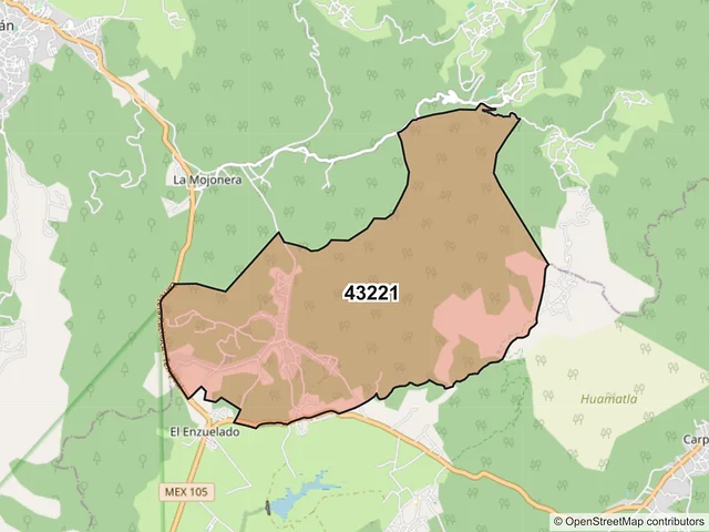 Mapa del código postal 43221, Zacualtipán de Ángeles, Hidalgo