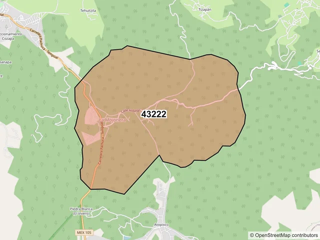 Mapa del código postal 43222, Zacualtipán de Ángeles, Hidalgo
