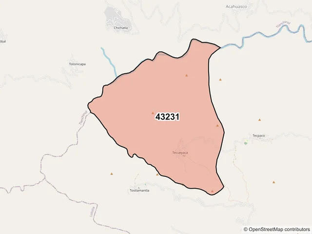 Mapa del código postal 43231, Calnali, Hidalgo