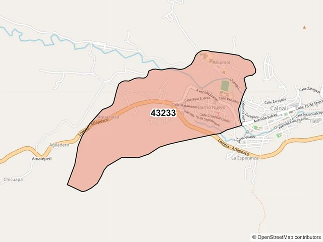 Mapa del código postal 43233, Calnali, Hidalgo