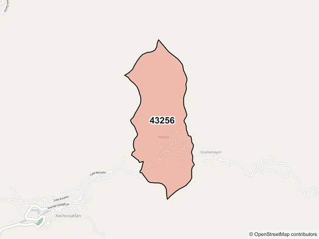 Mapa del código postal 43256, Xochicoatlán, Hidalgo