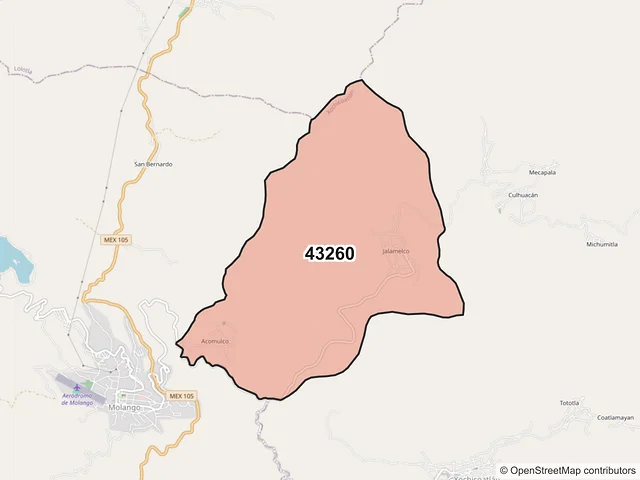 Mapa del código postal 43260, Xochicoatlán, Hidalgo