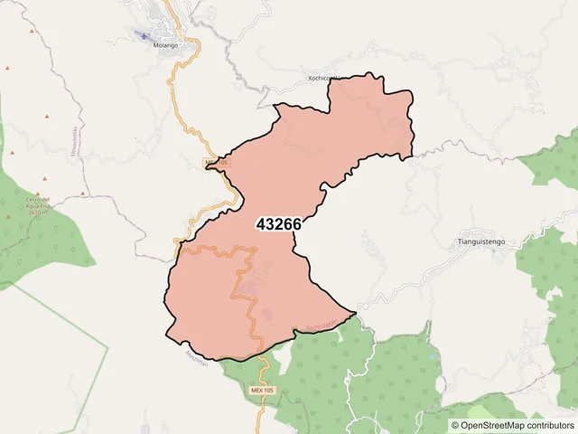 Mapa del código postal 43266, Xochicoatlán, Hidalgo