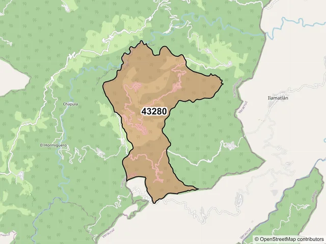 Mapa del código postal 43280, Tianguistengo, Hidalgo