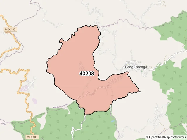 Mapa del código postal 43293, Tianguistengo, Hidalgo