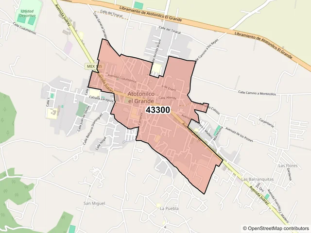 Mapa del código postal 43300, Atotonilco el Grande, Hidalgo