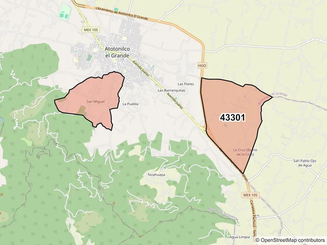 Mapa del código postal 43301, Atotonilco el Grande, Hidalgo