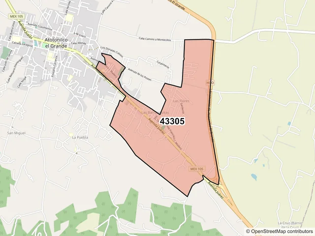 Mapa del código postal 43305, Atotonilco el Grande, Hidalgo