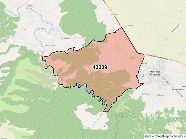 Mapa del código postal 43309, Atotonilco el Grande, Hidalgo
