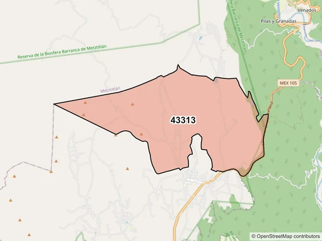 Mapa del código postal 43313, Atotonilco el Grande, Hidalgo