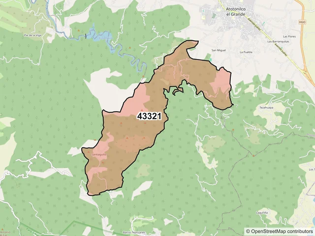 Mapa del código postal 43321, Atotonilco el Grande, Hidalgo