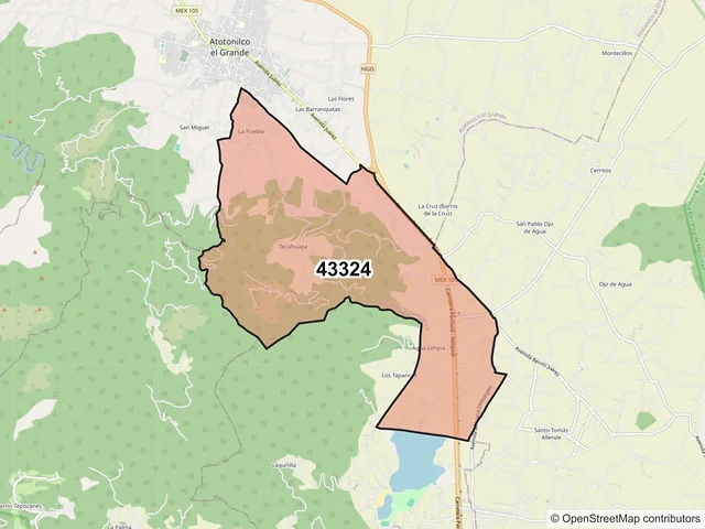 Mapa del código postal 43324, Atotonilco el Grande, Hidalgo