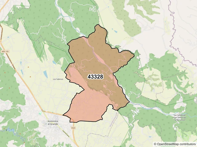 Mapa del código postal 43328, Atotonilco el Grande, Hidalgo