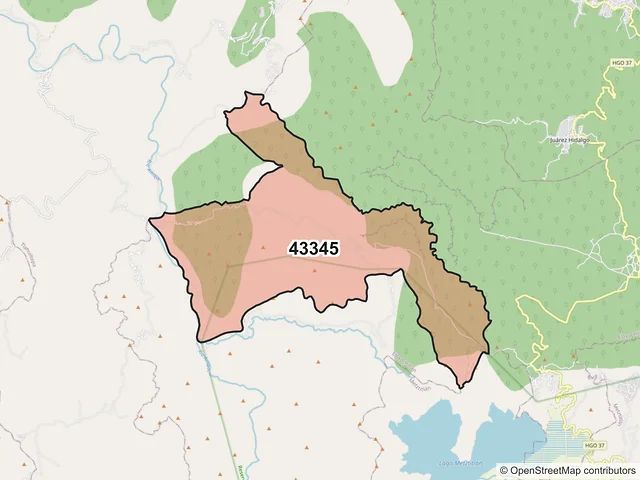 Mapa del código postal 43345, Eloxochitlán, Hidalgo