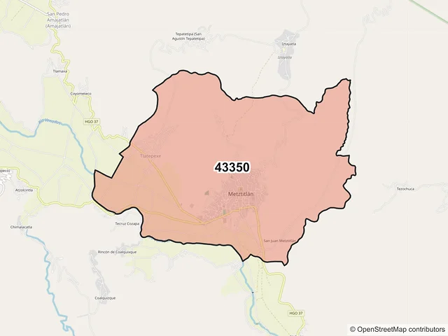 Mapa del código postal 43350, Metztitlán, Hidalgo