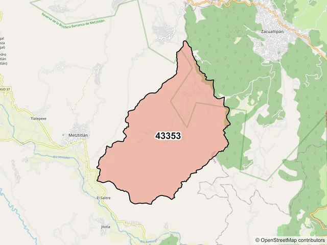Mapa del código postal 43353, Metztitlán, Hidalgo