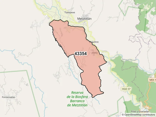 Mapa del código postal 43354, Metztitlán, Hidalgo