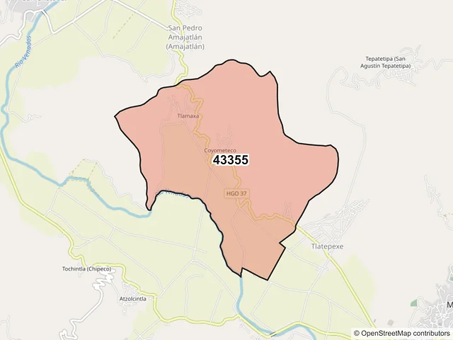 Mapa del código postal 43355, Metztitlán, Hidalgo
